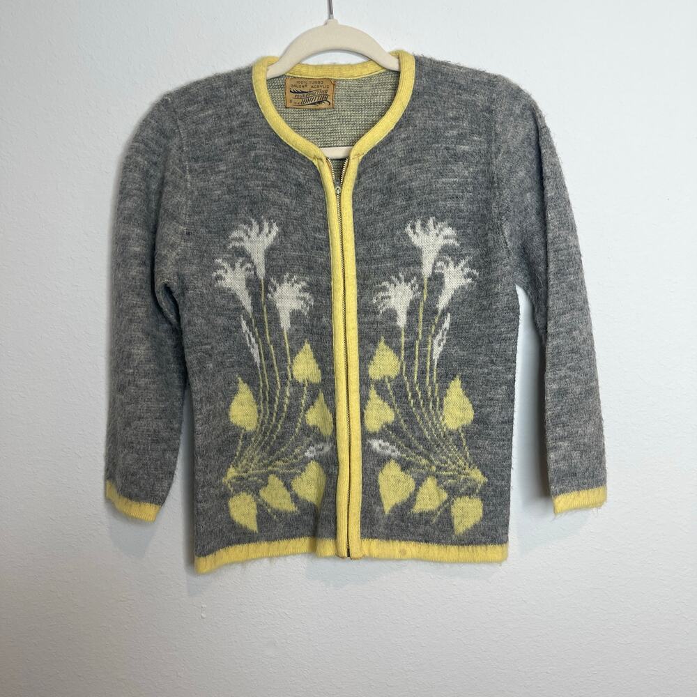 Vintage 1950s Orlon Acrylic Zip Cardigan Gray Yellow Floral Mid Century Sweater